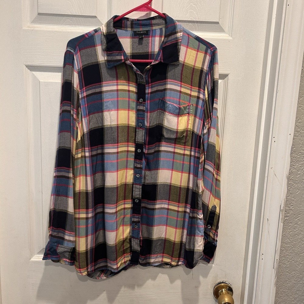 Talbots Womens Large Plaid Button Down Shirt Rayon Long Sleeve Multicolor Pocket